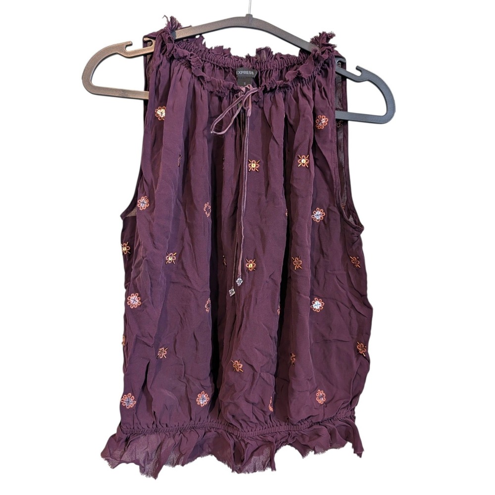 Express Silk Embroidered Beaded Purple Boho Blouse